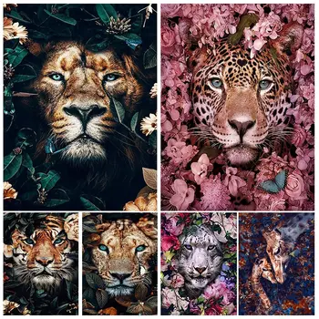 Gyvūnų Gėlių Meno 5D Diamond Tapybos kvadratiniu/Apvalus Deimantas Mozaika, Tigras, Liūtas, Leopardas kalnų krištolas Siuvinėjimas 