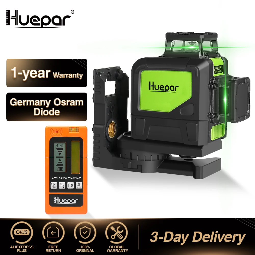 Huepar Savaime išsilyginantis Profesinės Žalios Šviesos Kryžminių linijų Lazeris 360 Laipsnių Liniją su Pulso Režimai+Huepar Skaitmeninis LCD Lazerio Imtuvas Nuotrauka 0